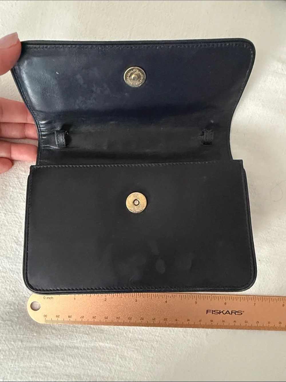 VTG Ralph Lauren Classic Black Leather clutch with Gold Medallion Accent